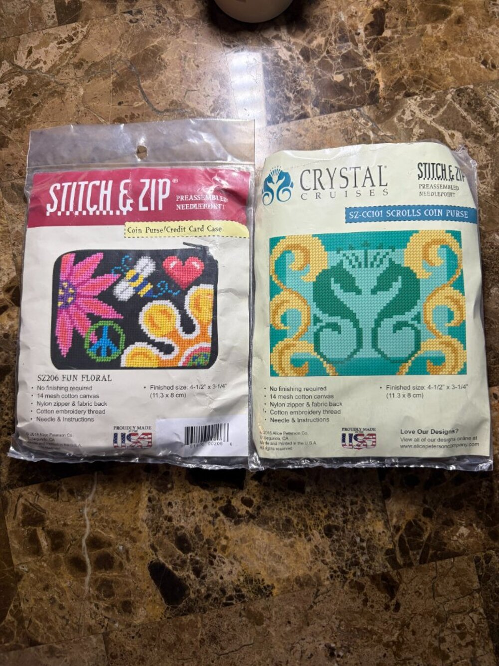 Alice Peterson Stitch & Zip lot TWO preassembled coin purse needlepoint kits